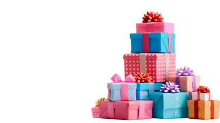 Stack of colorful gift boxes with ribbons and bows, detailed and festive, isolated on a white background