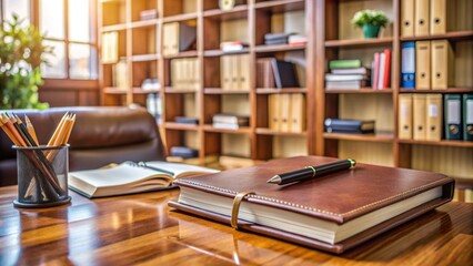 A neatly organized office desk with a leather-bound directory, scattered papers, and a pen, surrounded by a blurred background of bookshelves and computers.
