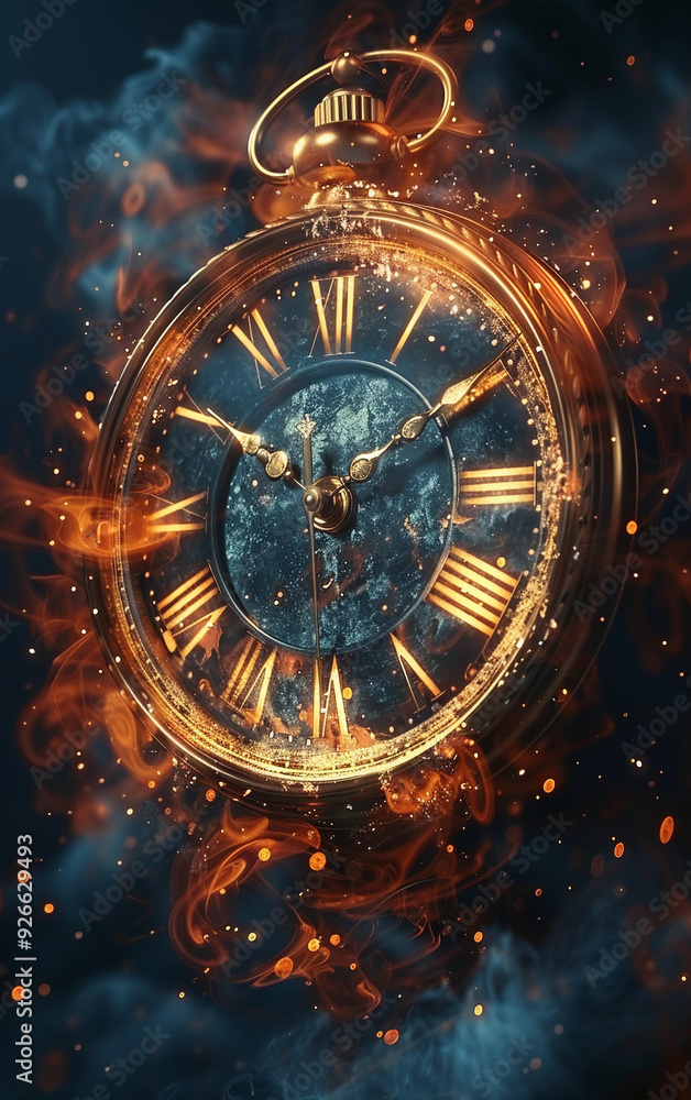Poster a clock with roman numerals is lit up by fire. the flames are coming from the clock's face and hands