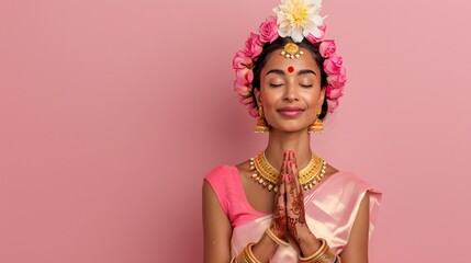 A young woman in a vibrant red and gold sari smiles while adorned with intricate jewellery and a traditional bindi
