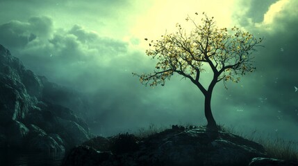 Fototapeta premium A solitary tree stands tall against a backdrop of dramatic, swirling clouds. The scene evokes a sense of mystery and wonder.