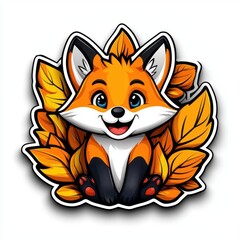 A smiling fox playing in the leaves, colorful line drawing, children's style, simple attire, clean pure white background, hand-drawn material, easy to cut out, 1:1 aspect ratio