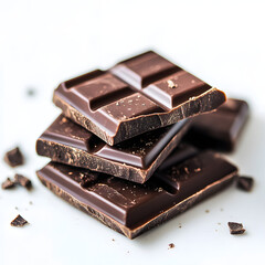 Close-up of dark chocolate squares stacked on a white background, emphasizing rich texture and indulgence.