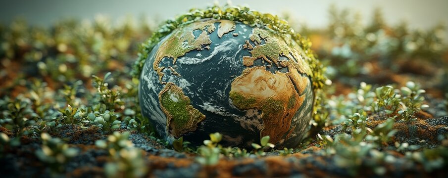 A surreal image of a planet covered in green moss and vines.