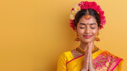 A young woman in a vibrant red and gold sari smiles while adorned with intricate jewellery and a traditional bindi