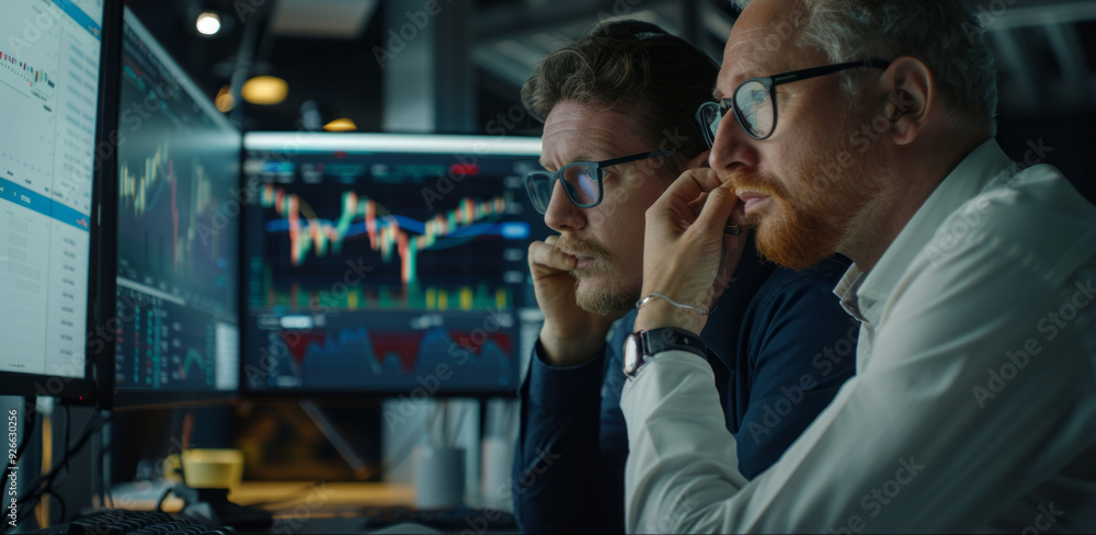 Poster Two analysts intensely observe charts and data on screens, immersed in discussion about market trends and trading strategies
