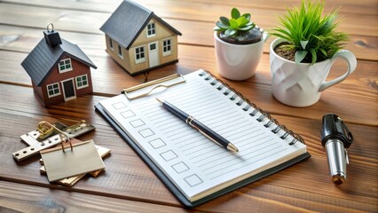 A organized workspace with a notebook, pen, and clipboard holding a comprehensive real estate checklist, surrounded by keys, folders, and a miniature house model.