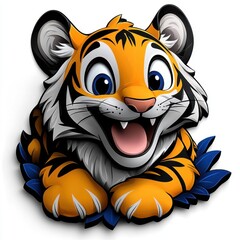 A smiling tiger cub with playful stripes, colorful line drawing, children's style, simple attire, clean pure white background, hand-drawn material, easy to cut out, 1:1 aspect ratio