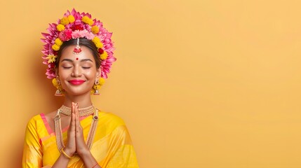 A young woman in a vibrant red and gold sari smiles while adorned with intricate jewellery and a traditional bindi