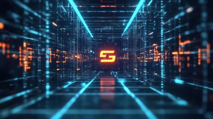 Futuristic digital space with glowing lines and a symbol in the center.
