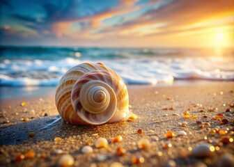 A delicate, swirled seashell lies still on a moist, golden sandy beach, surrounded by tiny pebbles and blurred ocean waves in the background.