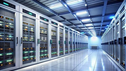 Fototapeta premium Sleek and contemporary white data center with rows of humming servers, blinking lights, and organized cables, showcasing cutting-edge technology and efficiency.