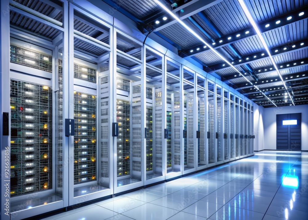 Aufkleber sleek modern data center with rows of towering white server racks, blinking lights, and bundles of c