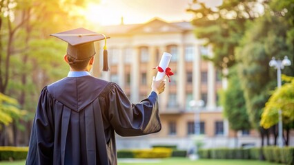 A person in a graduation cap and gown holds a diploma, surrounded by academic regalia and a blurred college campus background, symbolizing achievement and pride.