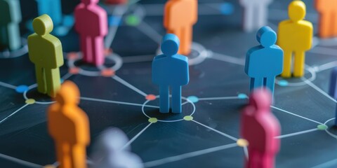 Colorful figurines representing people connected in a network, symbolizing community, collaboration, and social interaction.