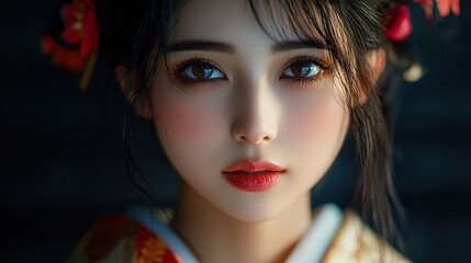 A detailed image of a Japanese woman with a focus on her traditional or modern attire and serene expression, isolated on a dark background to capture her unique grace and style