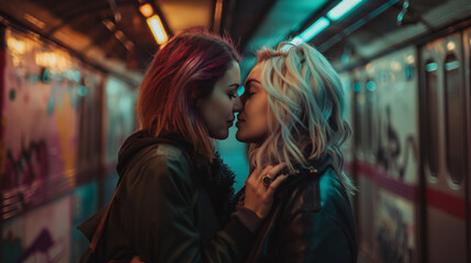 A beautiful romantic kiss is exchanged between two women amidst a vibrant and colorful subway environment, showcasing their love and deep connection against a lively urban backdrop filled with life