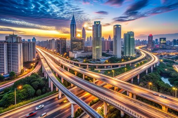 Fototapeta premium Busy metropolitan highway intersects with cityscape, highlighting the vital role of transportation infrastructure in sustaining urban growth and economic development.