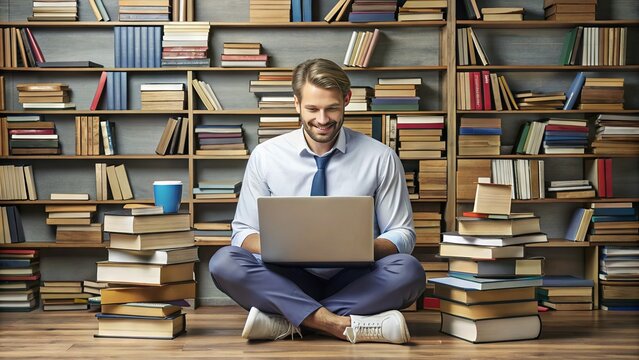A person surrounded by books, laptops, and certificates, symbolizing self-improvement, personal growth, and investing in one's skills and knowledge for a successful future.