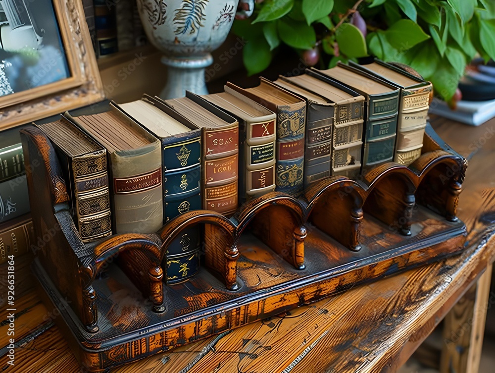 Poster a wooden book rack displaying an array of books.