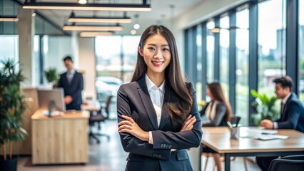 Confident and smiling young Asian businesswoman stands in a modern office, exuding leadership and professionalism, with a warm and approachable demeanor.