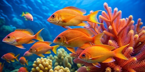 Fototapeta premium Vibrant orange anthias fish swim amidst delicate sea fans and coral reef, showcasing intricate scales and majestic fins in a crystal-clear ocean setting.