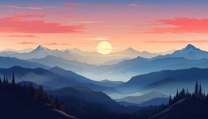 Obraz premium Sunrise over mountain range, flat design, front view, serene theme, animation, Complementary Color Scheme