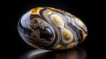 A polished onyx stone showcases its deep black background flecked with white, cream, and gray inorganic patterns, evoking luxury, sophistication, and ancient mysticism.