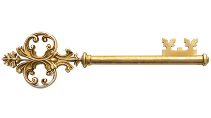 Classic gold key with intricate details, isolated on a white background