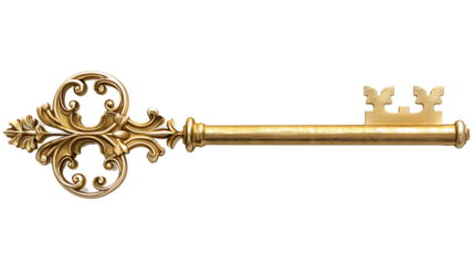 Classic gold key with intricate details, isolated on a white background