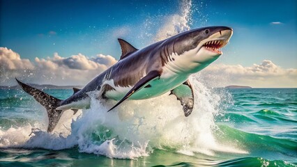 Fototapeta premium A powerful great white shark breaches the ocean's surface, its fin slicing through the turquoise water, leaving a trail of splashing seawater behind.