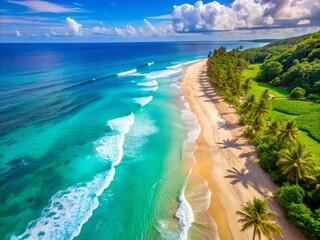 Serene aerial view of a picturesque sandy beach with soft turquoise ocean waves gently lapping the shore on a sunny summer day on a tropical island.