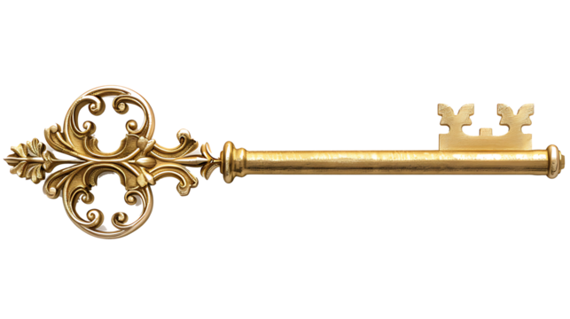 Classic gold key with intricate details, isolated on a white background