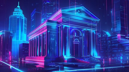 Obraz premium Bank building. Mobile banking concept. 3D realistic business object. bank architecture with futuristic style in blue neon color illustration