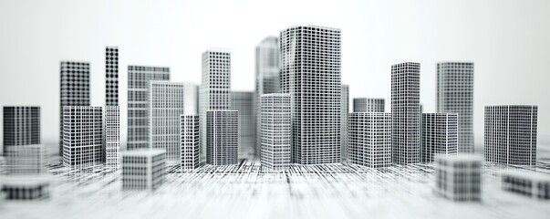 Modern city skyline with skyscrapers against a white background.