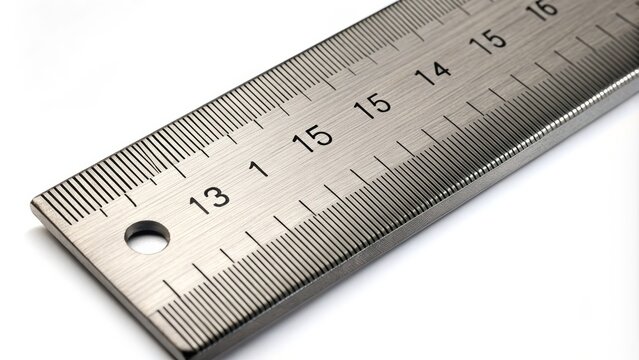 A precise stainless steel ruler lies on a white background, showcasing centimetre measurements with bold black lines and numbers.