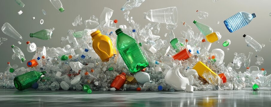Plastic bottles and containers scattered on the ground.
