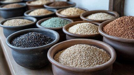 Variety of Grains and Seeds in Clay Pots