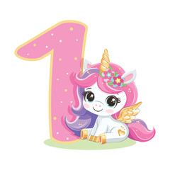 Cute unicorn with pink and golden number 1 isolated on white background. Happy Birthday concept. Vector illustration in flat cartoon style