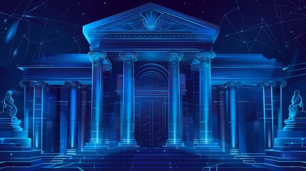 Bank building. Mobile banking concept. 3D realistic business object. bank architecture with futuristic style in blue neon color illustration