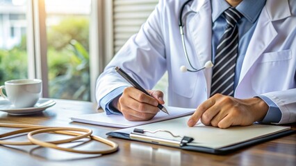 A professional healthcare provider holds a pen and writes notes on a patient's medical chart with a stethoscope nearby on a cluttered desk.