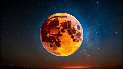 Fototapeta premium a rare total lunar eclipse occurs during a full moon, casting a reddish-orange glow on a starry night sky.