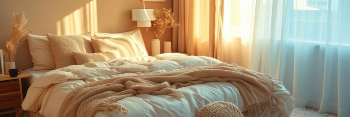 Cozy bedroom decorated in pastel tones