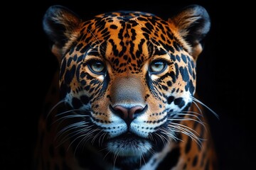 Obraz premium intense wildlife closeup piercing eyes of a jaguar emerging from deep shadows showcasing its powerful features against a stark black background