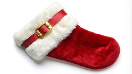 A red velvet Christmas stocking with white fur trim and golden buckle hangs isolated on a pure white background, awaiting festive treats and goodies.