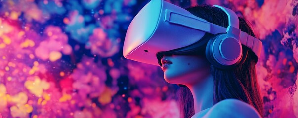 Woman wearing VR headset, colorful background.