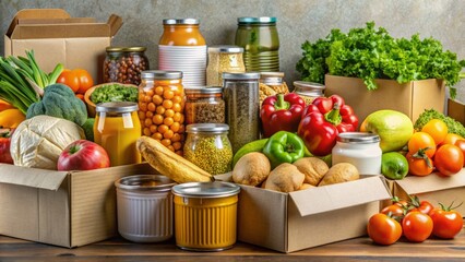 Array of fresh fruits and vegetables alongside canned goods, bread, and dairy products piled into cardboard boxes, symbolizing abundant food donations for those in need.