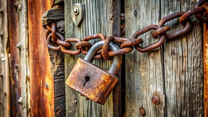 A rusted old padlock hangs open, its chain wrapped around a worn wooden door, symbolizing freedom from confinement and accessibility in a deserted landscape.
