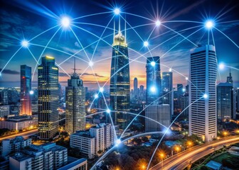Fototapeta premium Futuristic cityscape with sleek skyscrapers and bustling streets, illuminated by a network of glowing connections, representing the synergistic blend of 5G and IoT technology.