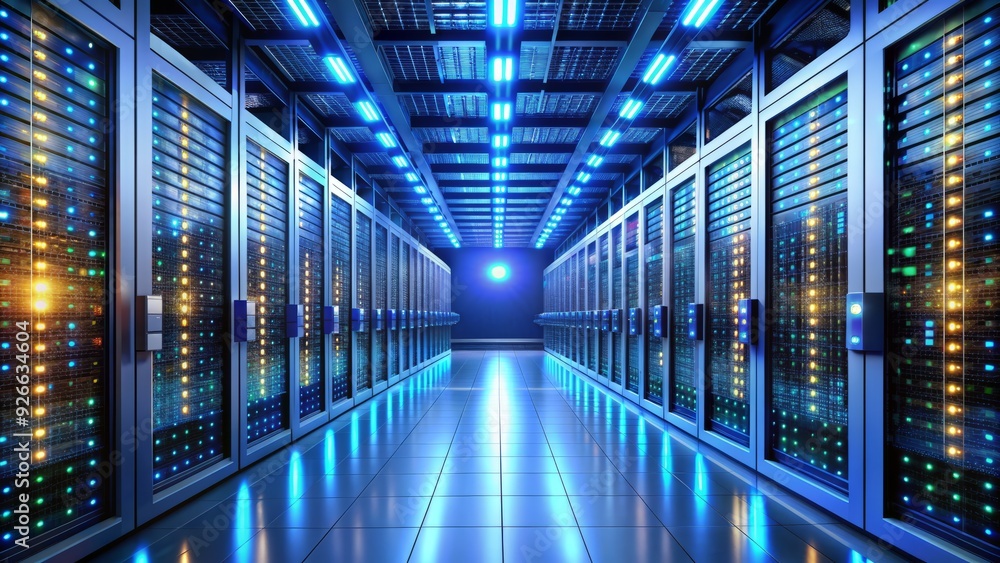 Poster sleek rows of humming servers and blinking lights illuminate a pristine, climate-controlled data cen